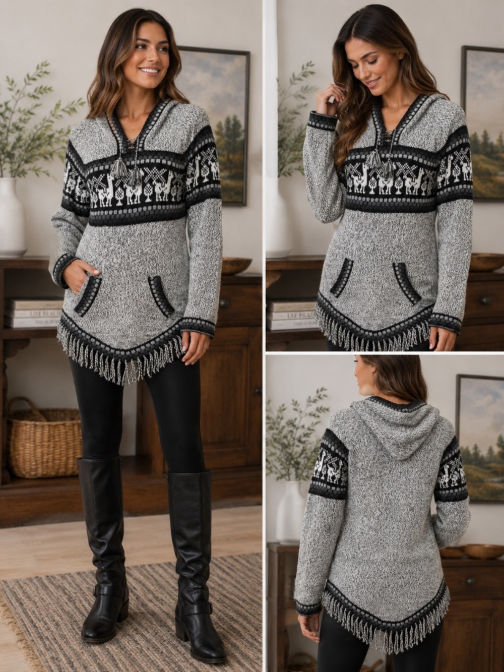 Artesania Edm Black & Gray Alpaca Longline Tassel Detail Hooded Sweater | XL